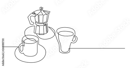 continuous line drawing of coffee pot with two cups of coffee on table top