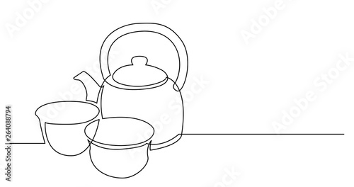 continuous line drawing of kettle and two tea cups