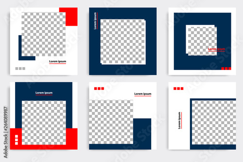 Editable modern minimal square banner templates. Blue indigo, red, black and white background color with stripe line shape. Suitable for social media post and web/internet ads with photo college