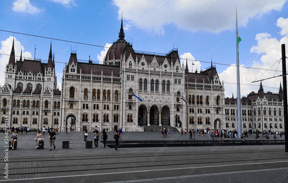 Budapest, Budapest/Hungary; 05/27/2018: a panoramic front view of the Parliament building of Budapest on the summer of 2018, with the people walking