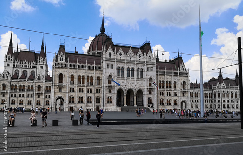 Budapest, Budapest/Hungary; 05/27/2018: a panoramic front view of the Parliament building of Budapest on the summer of 2018, with the people walking