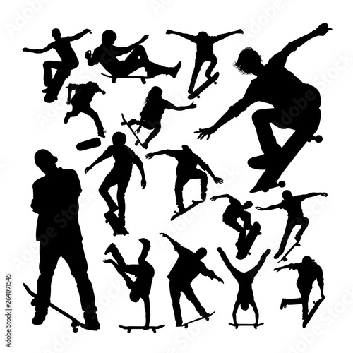 Skater playing skateboard silhouettes. Good use for symbol, logo, web icon, mascot, sign, or any design you want.