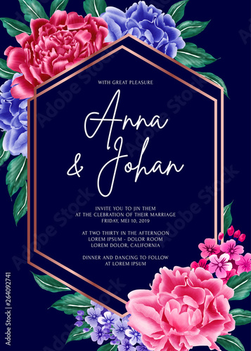 navy blue background peony flower wedding invitation card.
