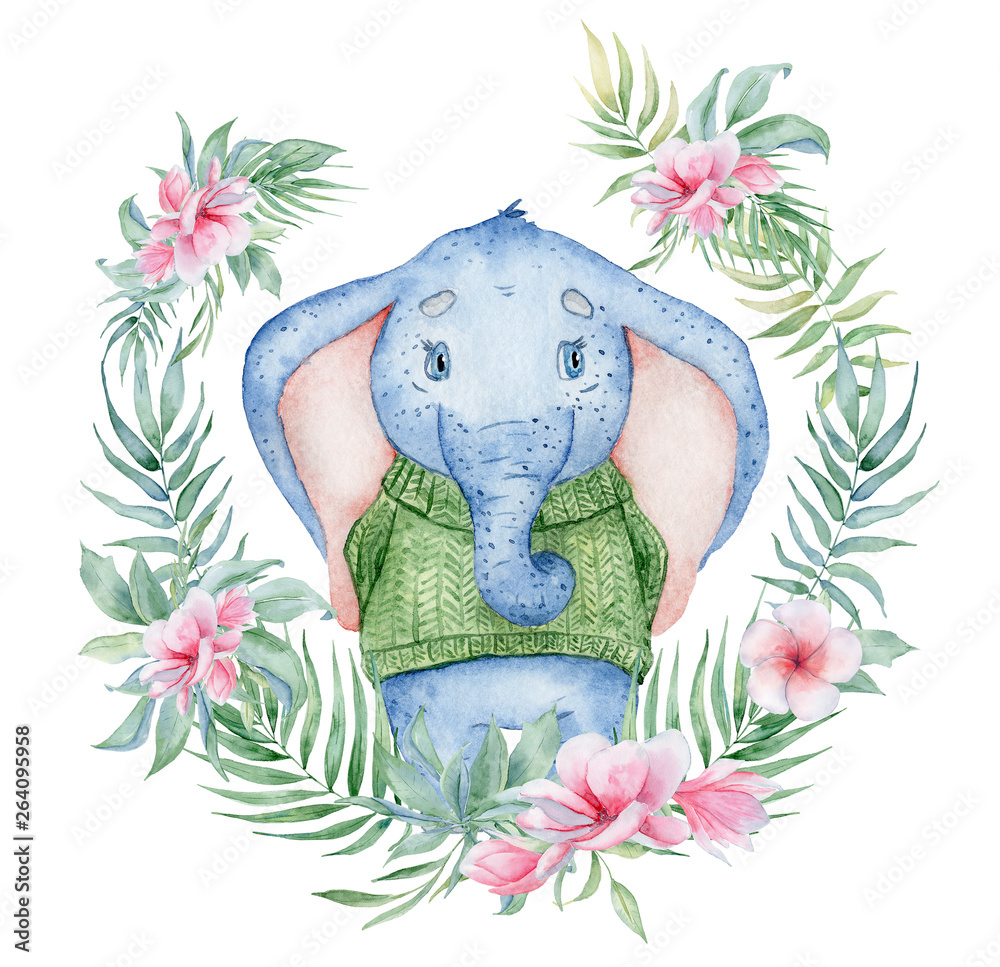 Watercolor cute elephant in green knitted sweater with flowers bouquet animal illustration