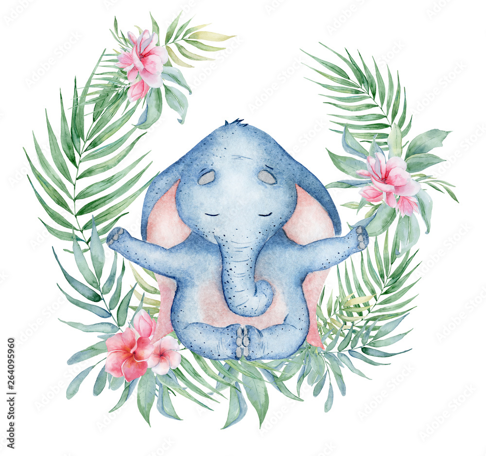 Watercolor yoga elephant in lotus position with flowers cute hand drawn illustration