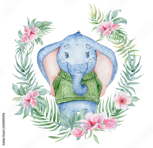 Watercolor cute elephant in green knitted sweater with flowers bouquet animal illustration © EvgeniiasArt