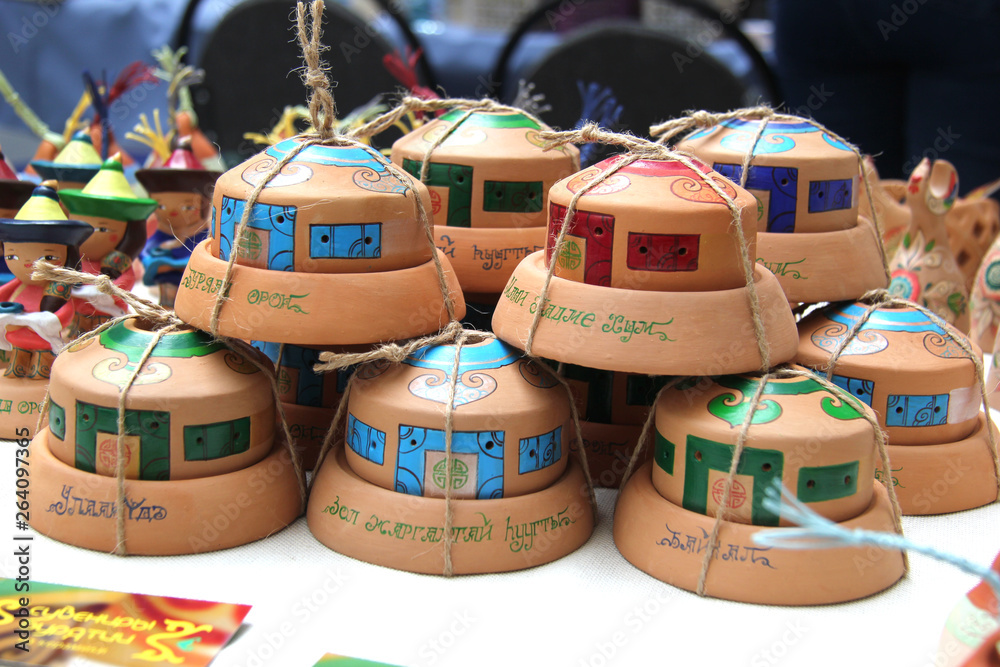 Naklejka premium Ulan-Ude, Buryatia, Russia 04.22.2019. Exhibition and sale of Russian and Buryat folk Souvenirs Crafts Fair
