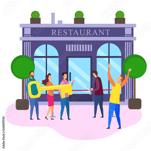 Restaurant Open Ceremony Cartoon People with Key