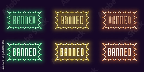 Neon icon set of stamp Banned. Glowing text