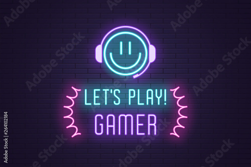 Neon composition of headline Lets Play Gamer. Art
