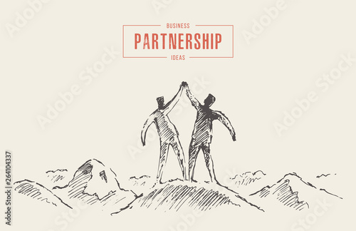 Two success mountain holding hands teamwork vector