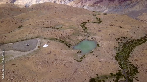 Orbital shot as flying around a small lake at Nimaling on Ladakh trek, near the Mount Kang Yatze photo