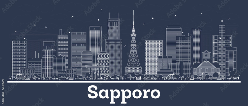 Outline Sapporo Japan City Skyline with White Buildings.