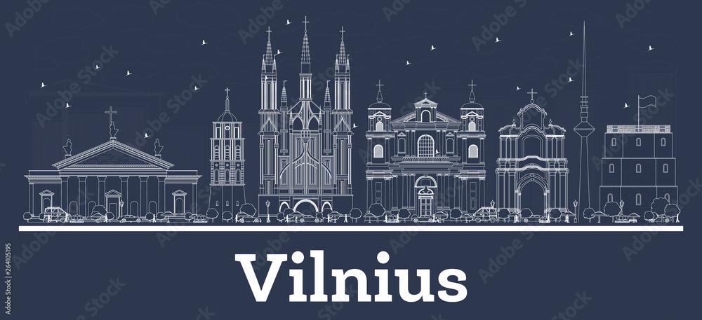 Outline Vilnius Lithuania City Skyline with White Buildings.