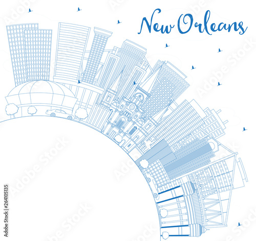 Outline New Orleans Louisiana City Skyline with Blue Buildings and Copy Space.
