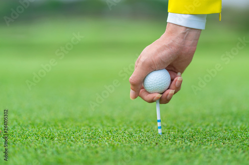 Hand caddy hold Golf ball with tee ready to be shot at golf court
