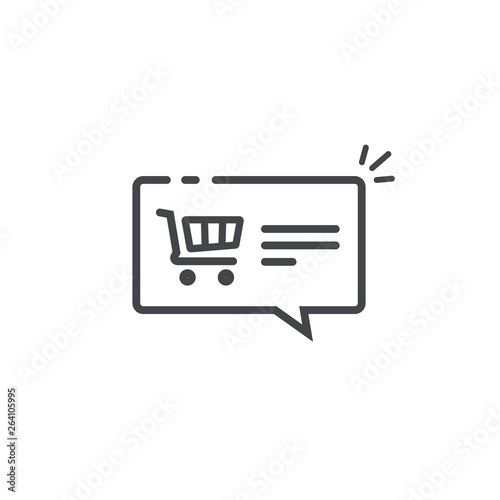 Ecommerce notification concept vector symbol, line outline art design of shopping cart in bubble speech icon, idea or purchasing push notification, checkout message notice