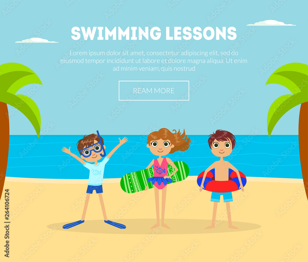 Swimming Lessons Banner Template with Cute Kids on Tropical Beach Background, Design Element Can Be Used for Landing Page, Mobile App Vector Illustration