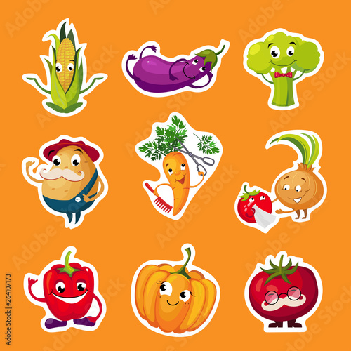 Collection of Fruits and Vegetables Stickers  Potato  Broccoli  Tomato  Eggplant  Pumpkin  Corn  Carrot Characters with Funny Faces Vector Illustration