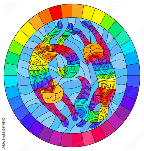 Illustration in stained glass style with a pair of abstract geometric rainbow cats on a blue background, oval image in bright frame