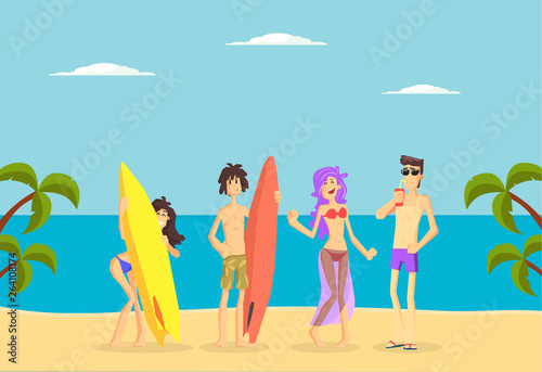 Happy People Standing with Surfboards on Tropical Beach, Young Men and Girls on Summer Vacation, Beach Activities Vector Illustration