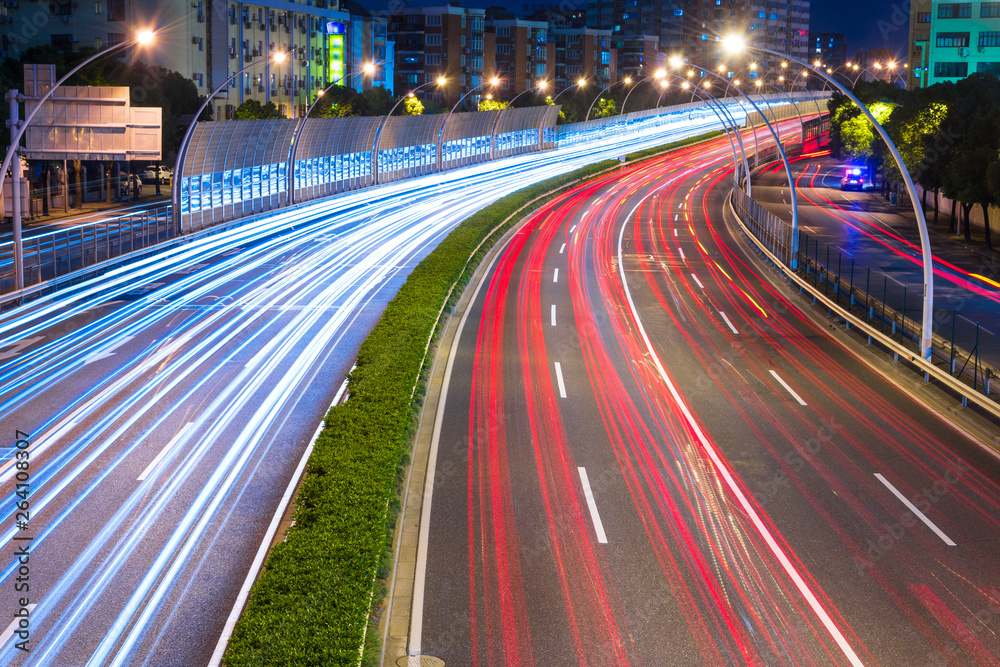 The cars on the highway light trails in Shanghai, China