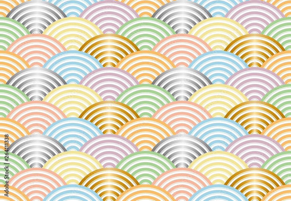 Obraz premium 和風模様 淡色に金銀の青海波パターン BG