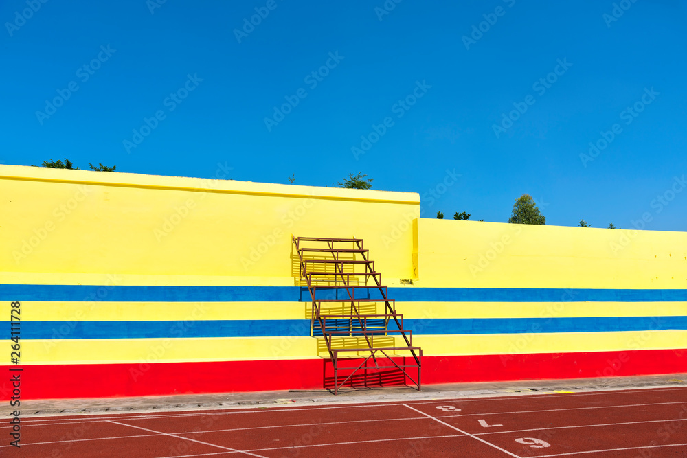 Outdoor track and field stadium runway sprint to the finish