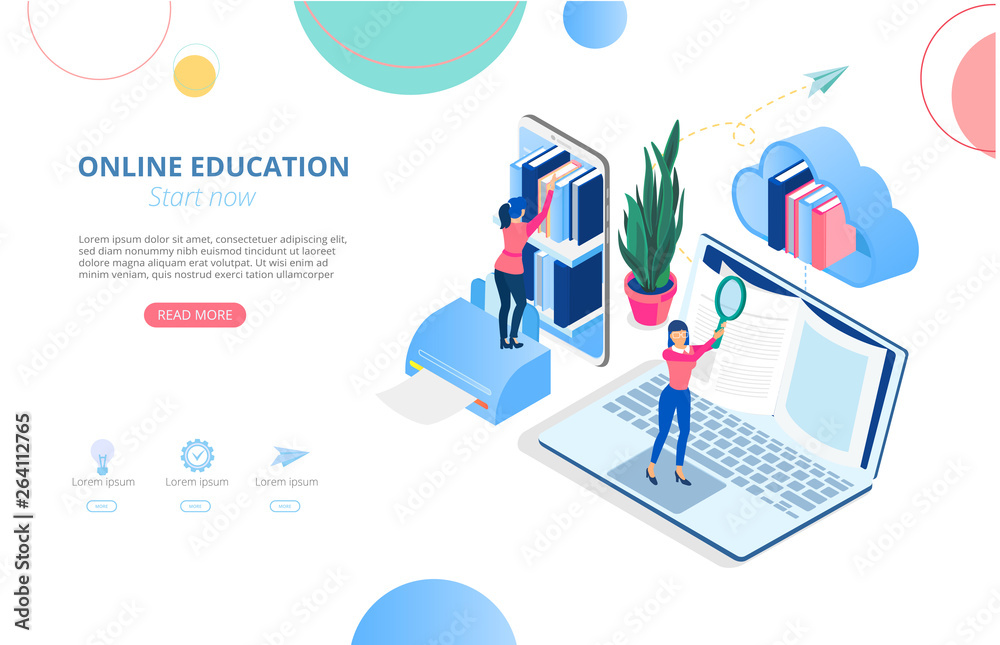 Online education. Background or homepage template with devices and people studying remotely. Online education. Background or homepage template with devices and people studying remotely.