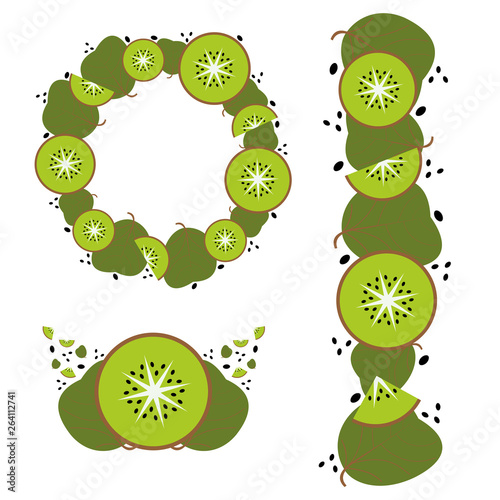 Set of isolated kiwi compositions with a wreath, a boutonniere and an ornament with seeds and leaves. White background. Flat style illustration. Vector.