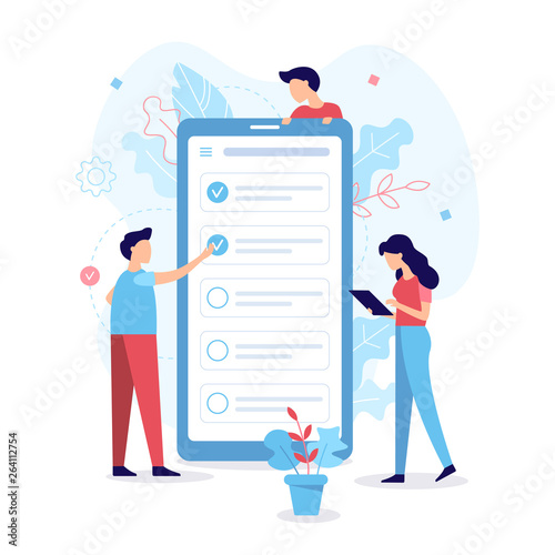 Professional marks the completed tasks in the task manager. Time management concept. Flat vector illustration.