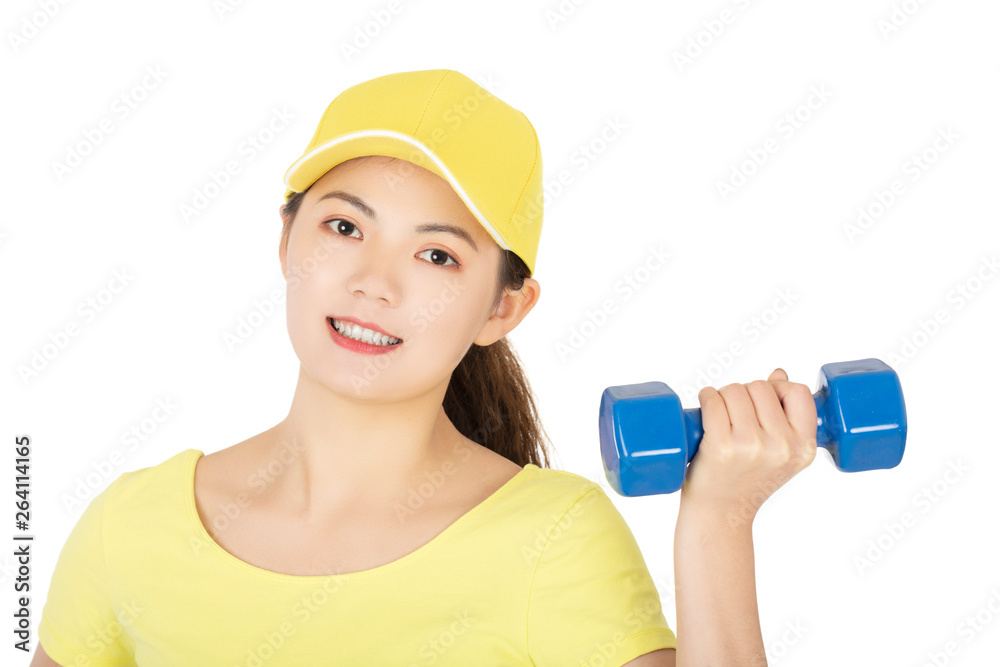 Asian woman working out using dumbbell weights isolated on white background Asian woman working out using dumbbell weights isolated on white background