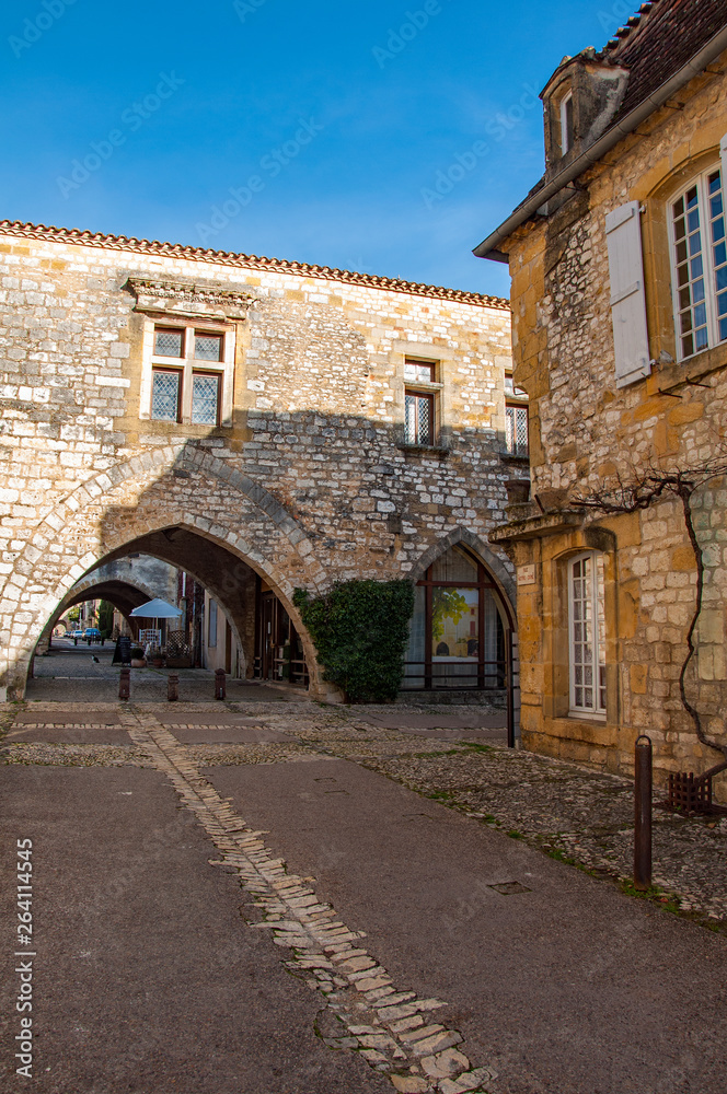 The village of Monpazier, in the Dordogne-Périgord region, France. Medieval village with arcades and typical square