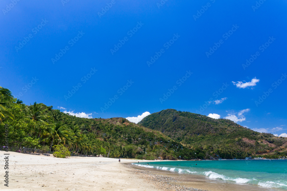 Aninuan beach, Puerto Galera, Oriental Mindoro in the Philippines, white sand, coconut trees and turquoise waters, landscape view.
