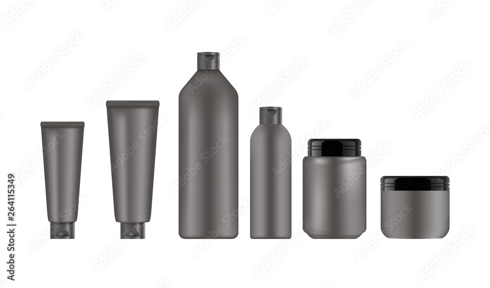 Realistic cosmetic set, black and grey spray with bottle black cap for cosmetic. Package design cosmetic products.  Vector illustration. Eps 10.