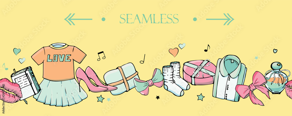 Naklejka premium Vector seamless horizontal border with girls stuff. Fashion patterns with women's clothing, jewelry, cosmetics, gifts and romance. Actual vector drawing of cute things. Interests of a young girl.