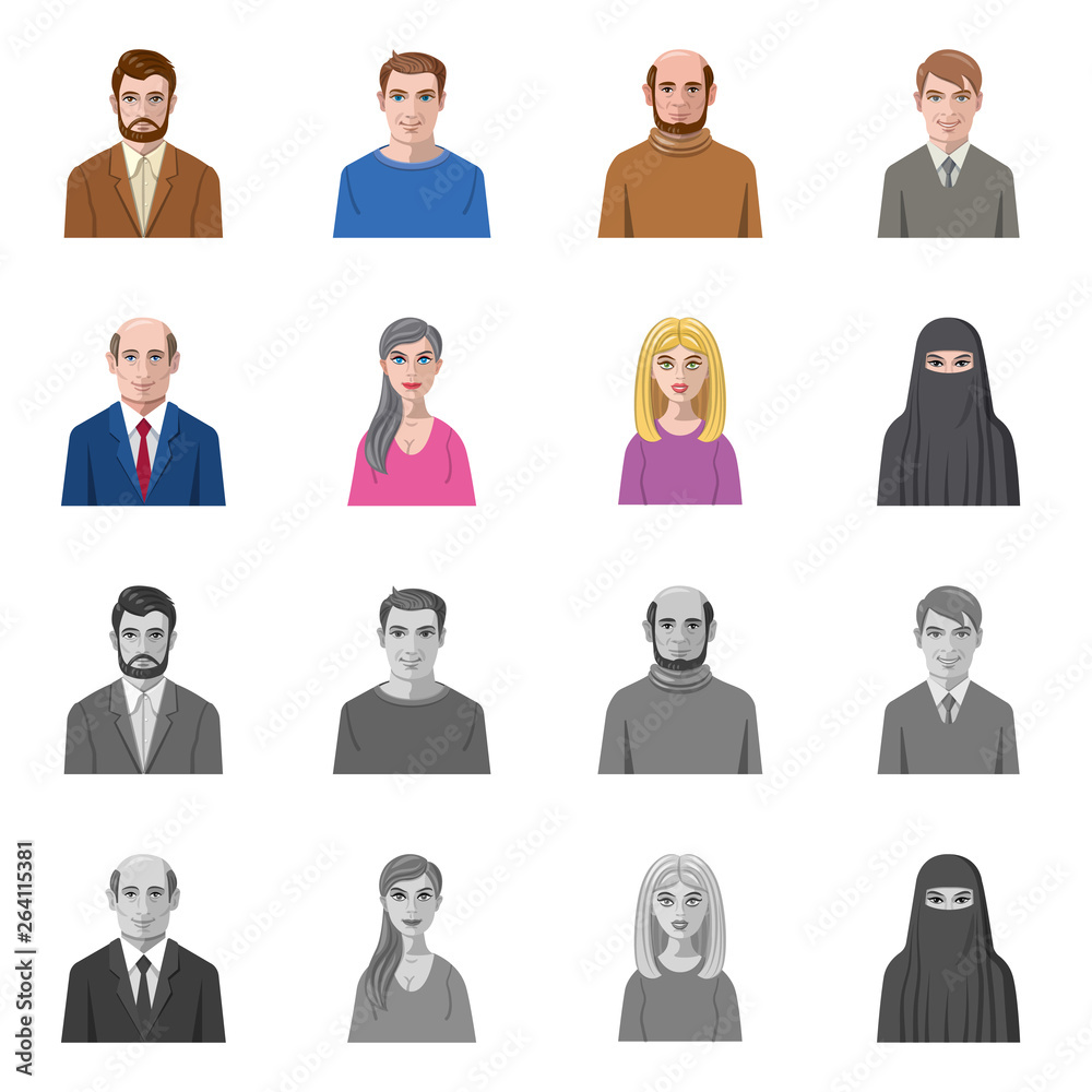 Vector illustration of hairstyle and profession symbol. Set of hairstyle and character vector icon for stock. Vector illustration of hairstyle and profession symbol. Set of hairstyle and character vector icon for stock.