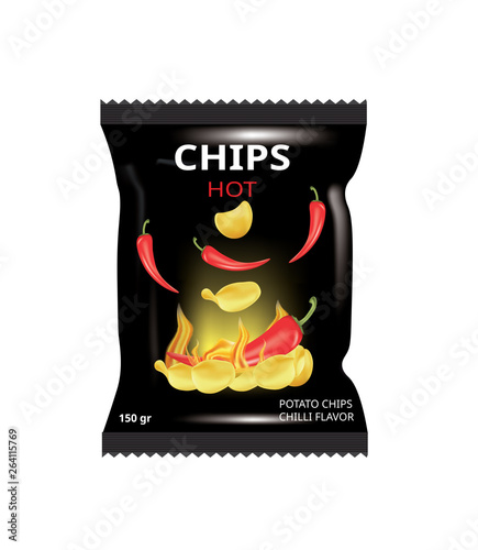 Potato chips bag with chili, vector illustration