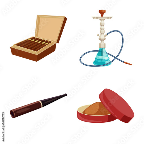 Vector illustration of cigarette and tobacco logo. Collection of cigarette and nicotine vector icon for stock.
