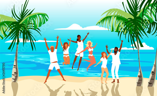group of people on the beach. happy people jump. company of friends on vacation