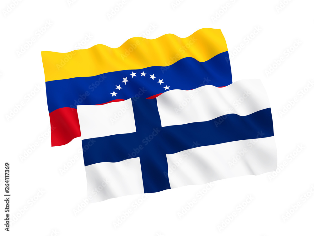 National fabric flags of Venezuela and Finland isolated on white background. 3d rendering illustration. Proportion 1:2