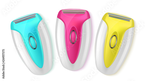 Electric Modern Shaver Epilator Razor Set Vector. Epilator Cosmetology Female Device Equipment For Removal Hair. Isolated Depilation Machine. Skin Care Concept. Top View Image 3d Illustration