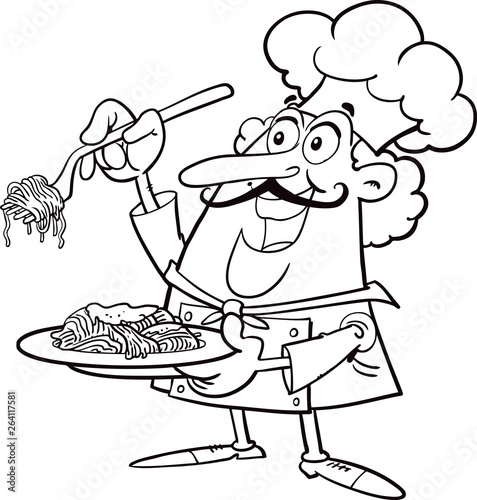 Happy cook with hat in uniform. Chef with pasta on plate