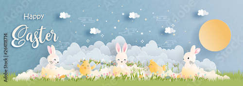 Happy Easter in paper cut style vector illustration.