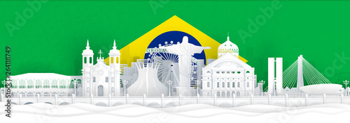 Brazil flag and famous landmarks in paper cut style vector illustration