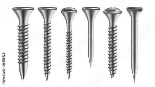 Realistic Types Of Iron Screw And Nail Set Vector. Collection Of Fastener Ironware Screw, Clincher And Rivet Industrial Mounting Details. Side View Isolated Detail Image. 3d Illustration photo