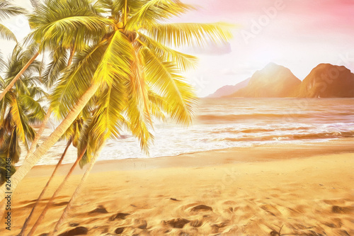 Fototapeta Naklejka Na Ścianę i Meble -  Tropical coconut palm trees on the ocean sandy beach during sunset 