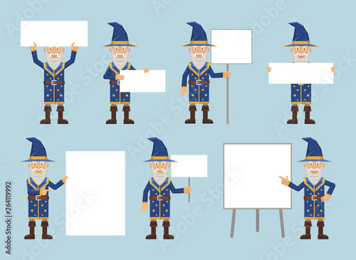 Set of old magician characters posing with different blank banners. Cheerful wizard with paper, poster, placard, pointing to whiteboard, teach, advertise, promote. Flat style vector illustration