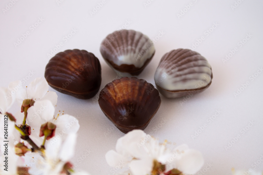 Chocolate candies in the shape of shells lie on the table. Chocolate shells of different shapes.