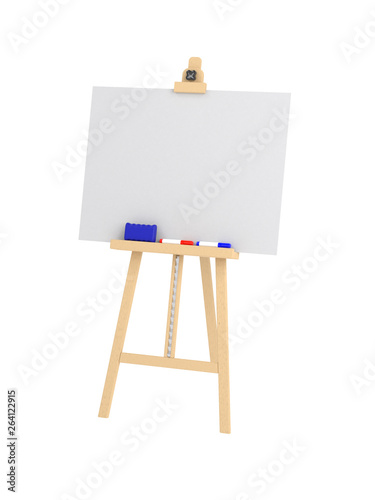 Empty easel with empty whiteboard (magnetic board) isolated on white. Mockup template - 3D rendering